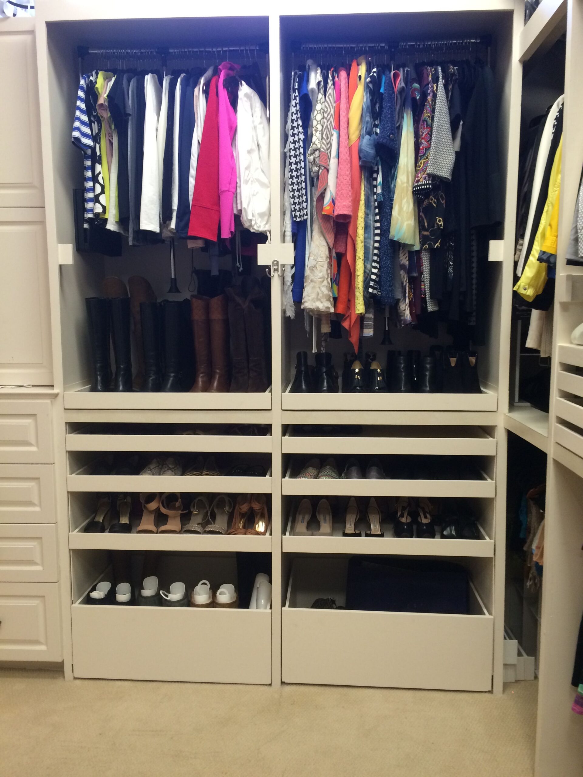 Organized closet with open drawers